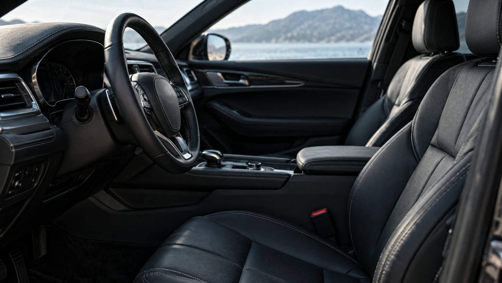Close-up of a clean dark leather car interior; editorial photograph